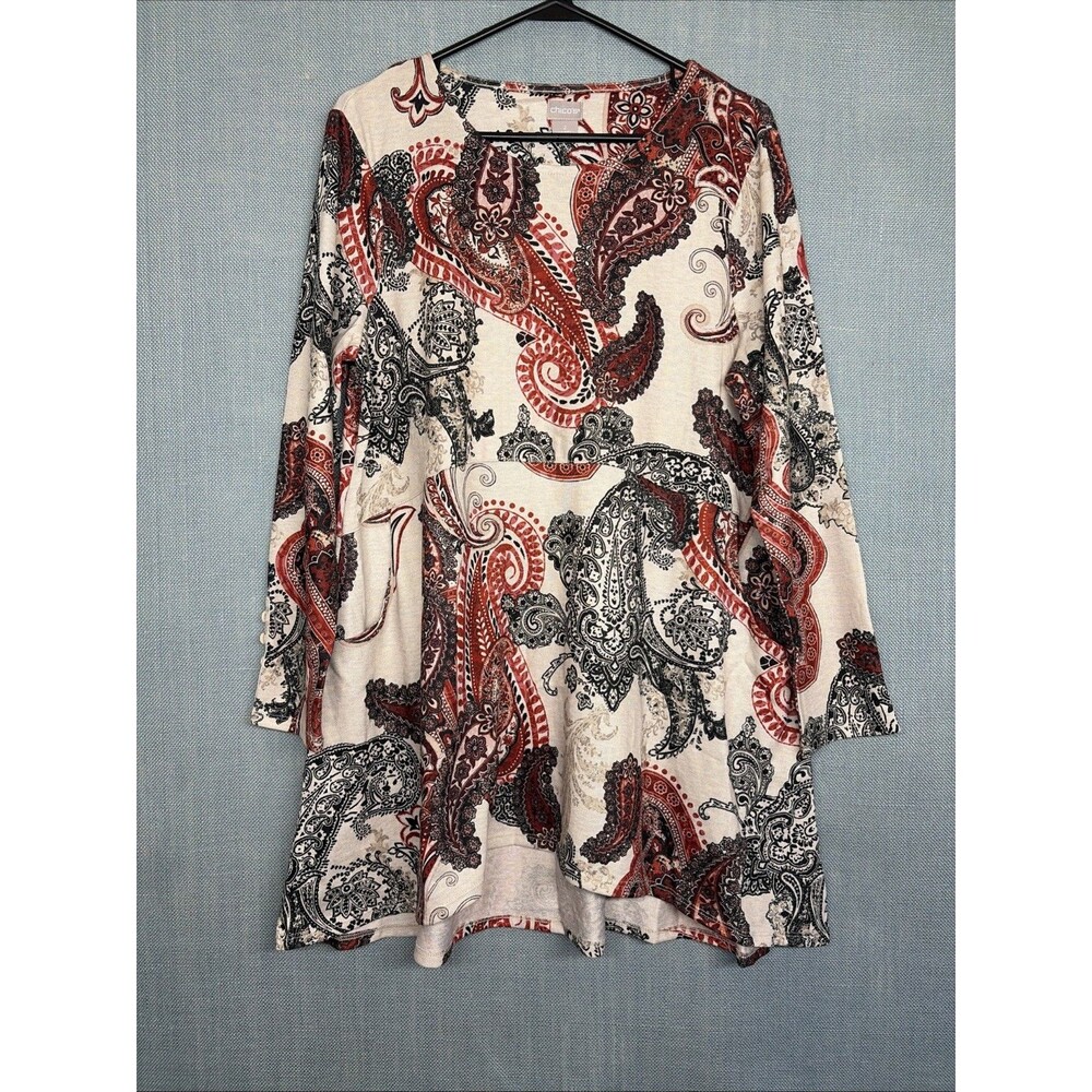 Chico's Shirt Size XL Cream Red Paisley Tunic Top Pockets Casual Artsy Boho